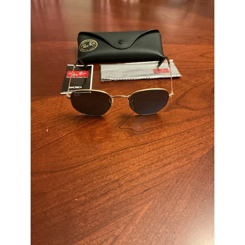 Ray-Ban Hexagonal Flat Lenses Gold RB 3548-N Blue Mirror 51mm Frame Case 26